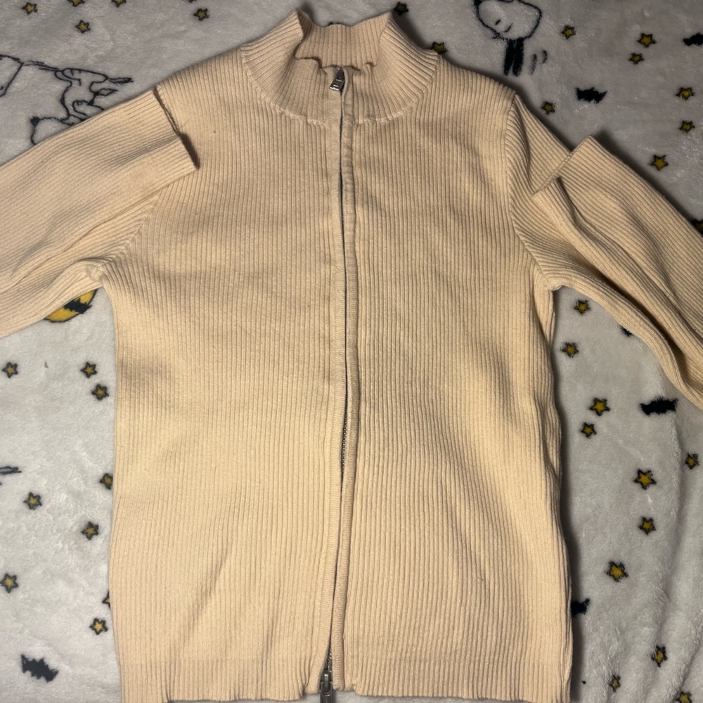 Brandy Melville Cream Ribbed Zip Front Crew Sweater